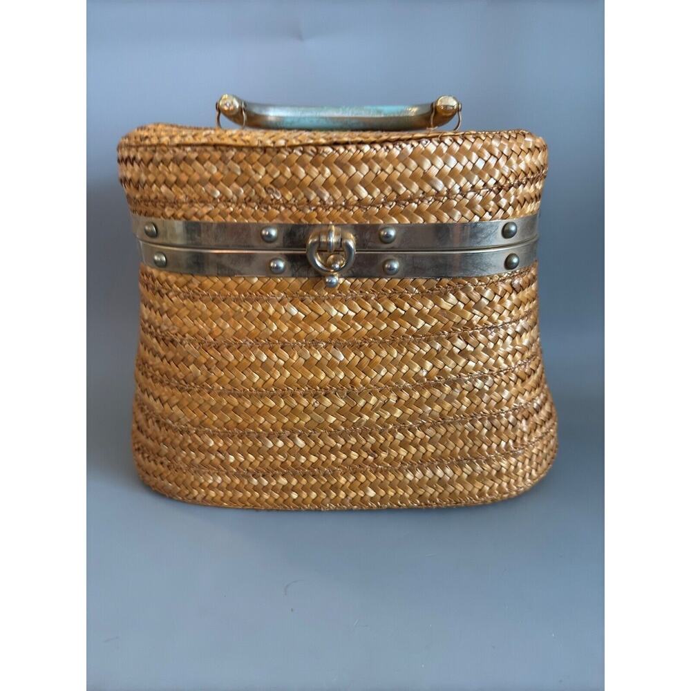 Vtg Straw Purse Oval Box Handbag Fabric Lined 1950s/ 1960s Italy - Read Details
